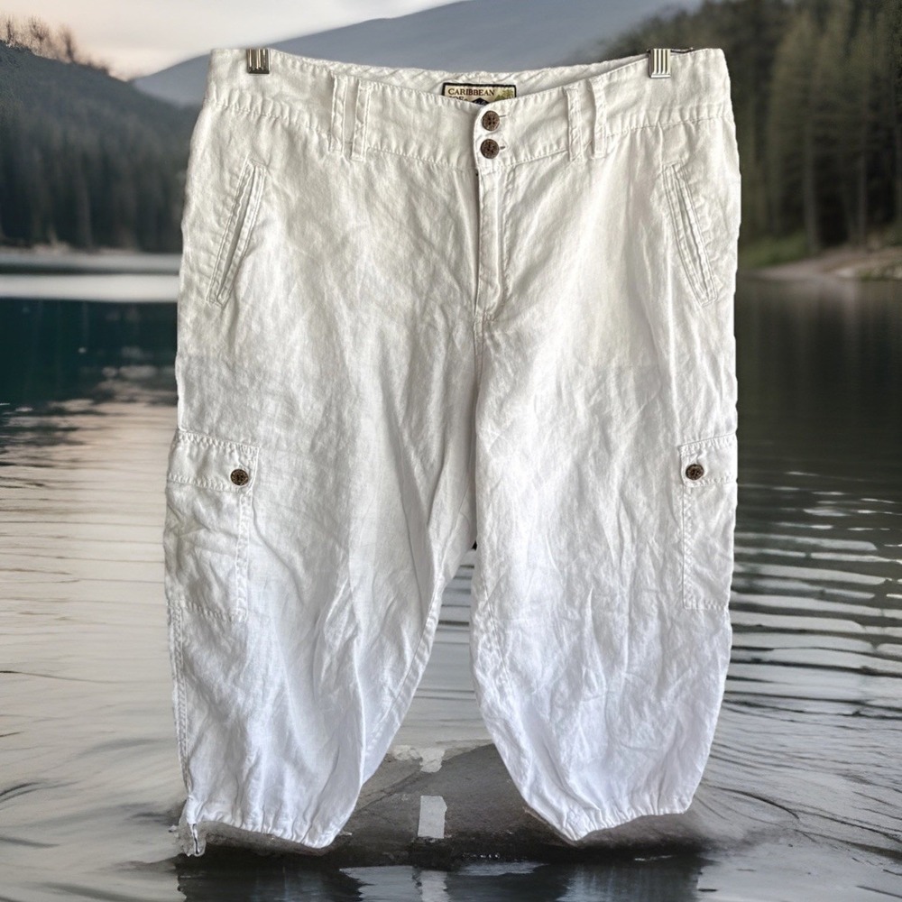 Caribbean Joe Womens Drawstring Leg Capri Pants‎ Joggers 100% Linen White 12P